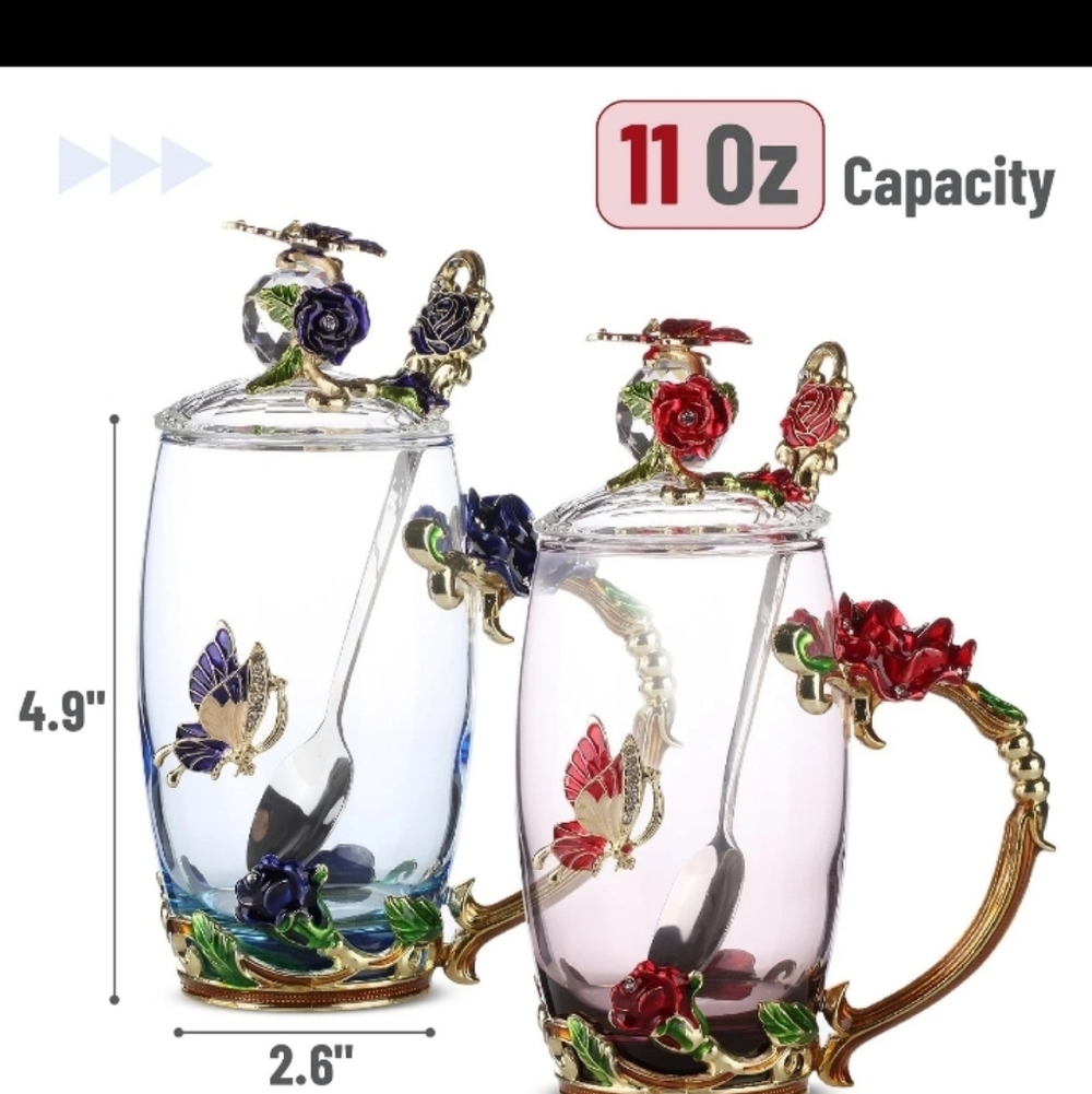 Brew To A Tea Btat- Floral Glass Tea Cups Spoon Lid Set Pack Of 2 11 Oz Blue NIB - Picture 4 of 16